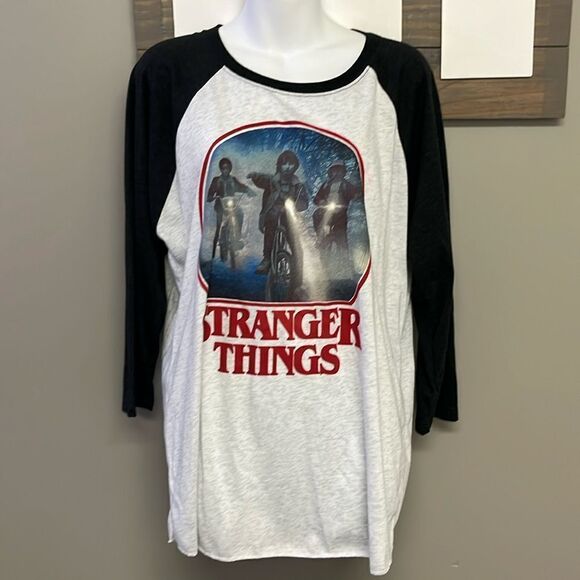 Stranger things Tops - Stranger Things Heather Black/White Netflix Baseball 3/4 Sleeve T-Shirt- Large